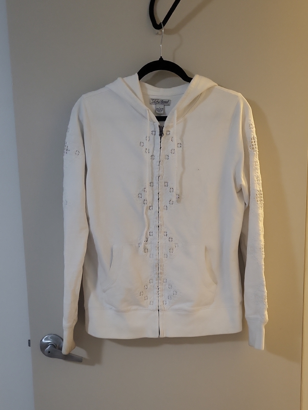 Lucky Brand 2000s Style White Zip Front Jacket with Eyelet Cutwork 100% Cotton
